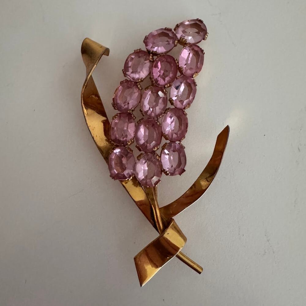 Vintage Sterling Craft by Coro Pink Crystal Hyacinth Flower Brooch Pin